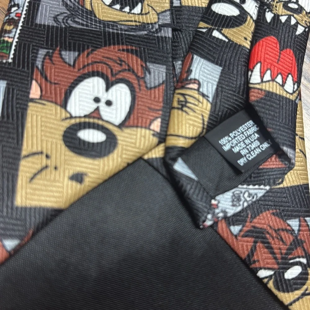 Vintage 1997 Looney Tunes Stamp Collection Taz Bugs Bunny Neck Tie Black 90s Fun
